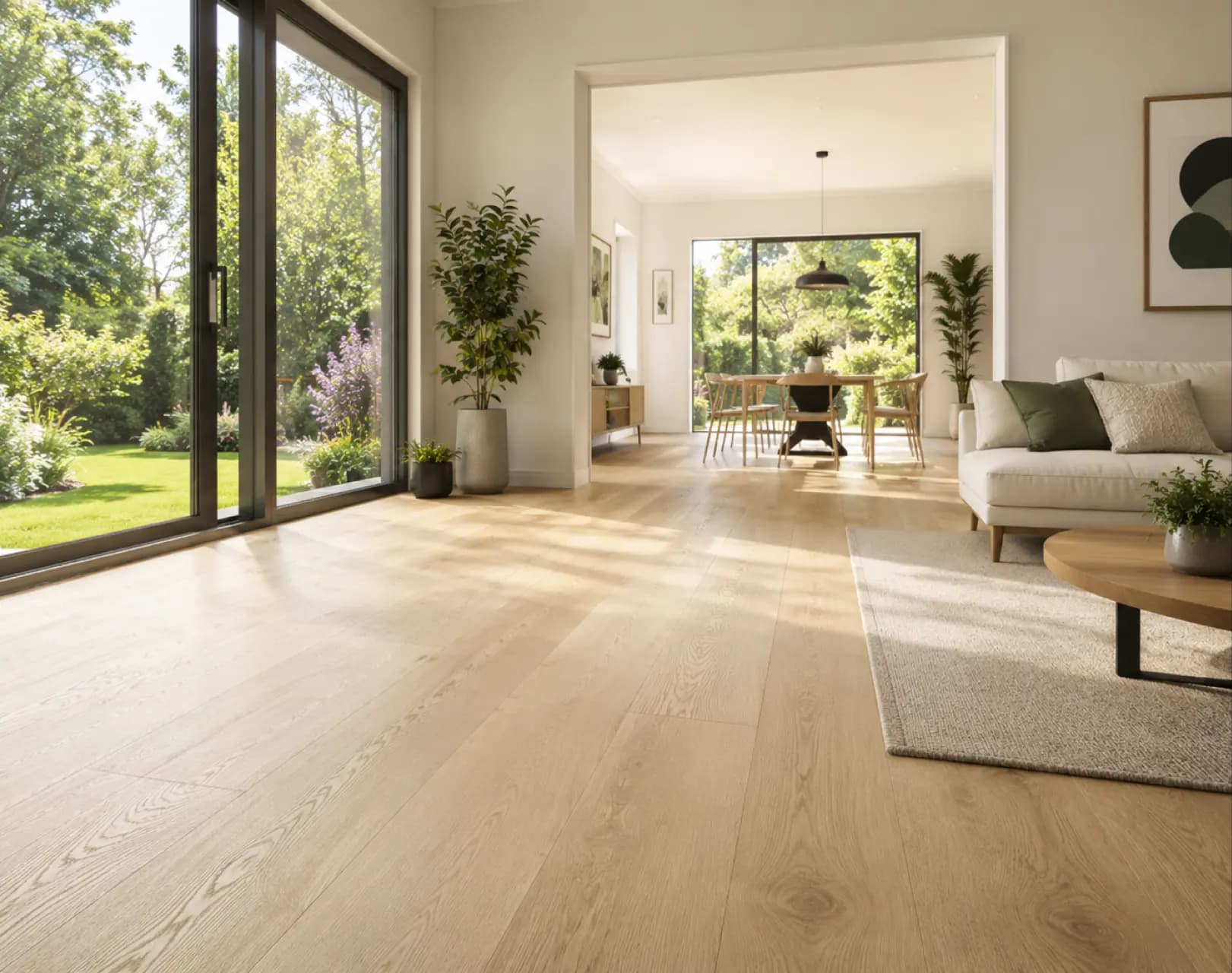 Newly refinished solid wood floor in a bright, open interior