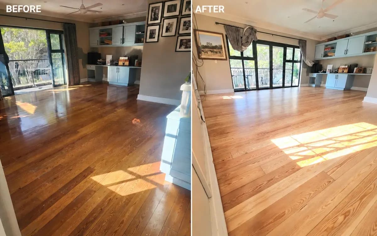 Timber floor sanding and restoration — solid wood floor refinished to European standard