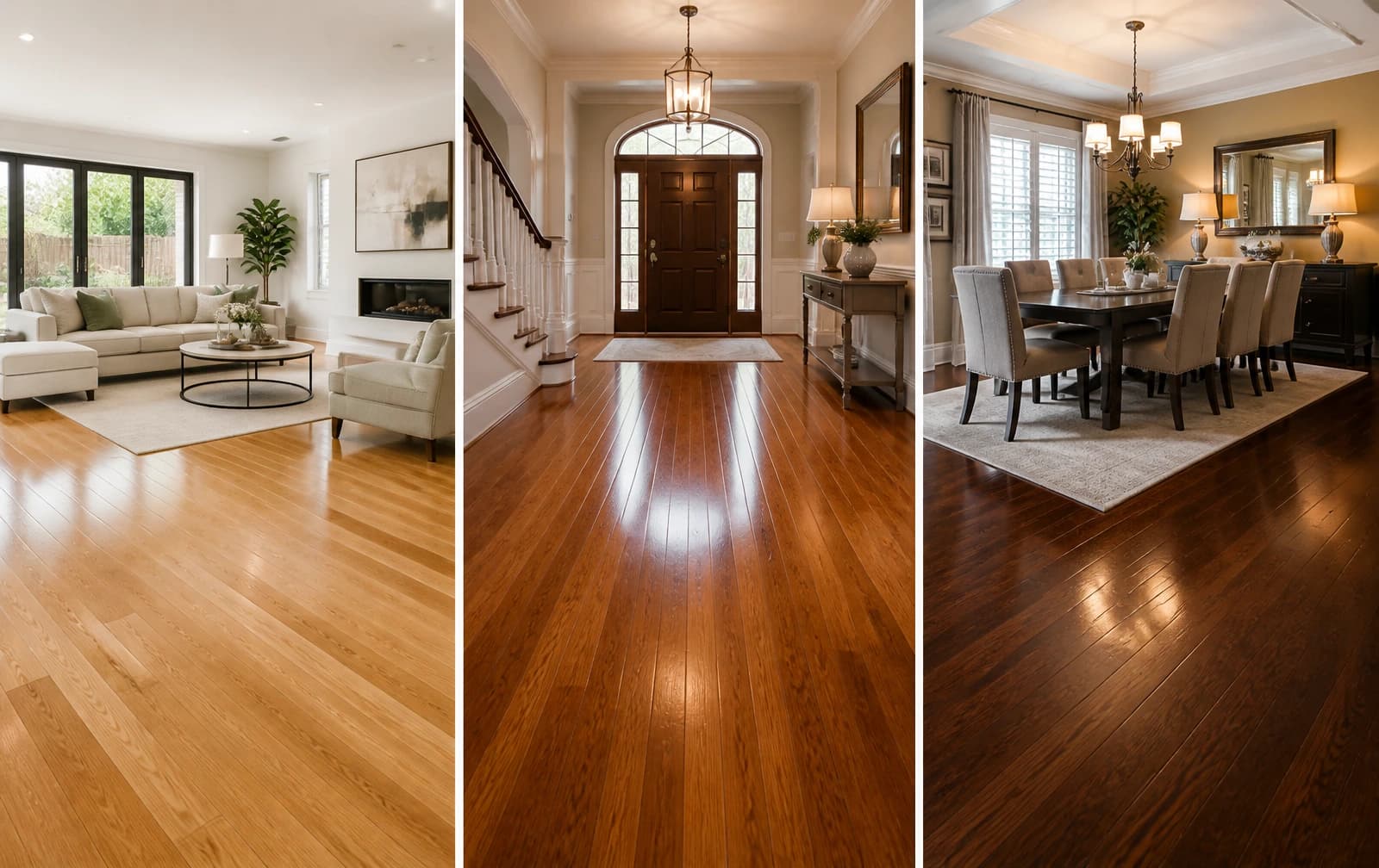 Residential floor restoration — warm, private home interior with freshly refinished hardwood floors